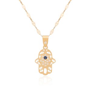 Colgante mano de Fátima circonitas y piedra de color zafiro oro